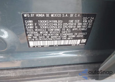 2024 Honda Hr-V Awd Sport/Awd Sport W/O Bsi from USA, damaged, VIN 3CZRZ2H57RM767888